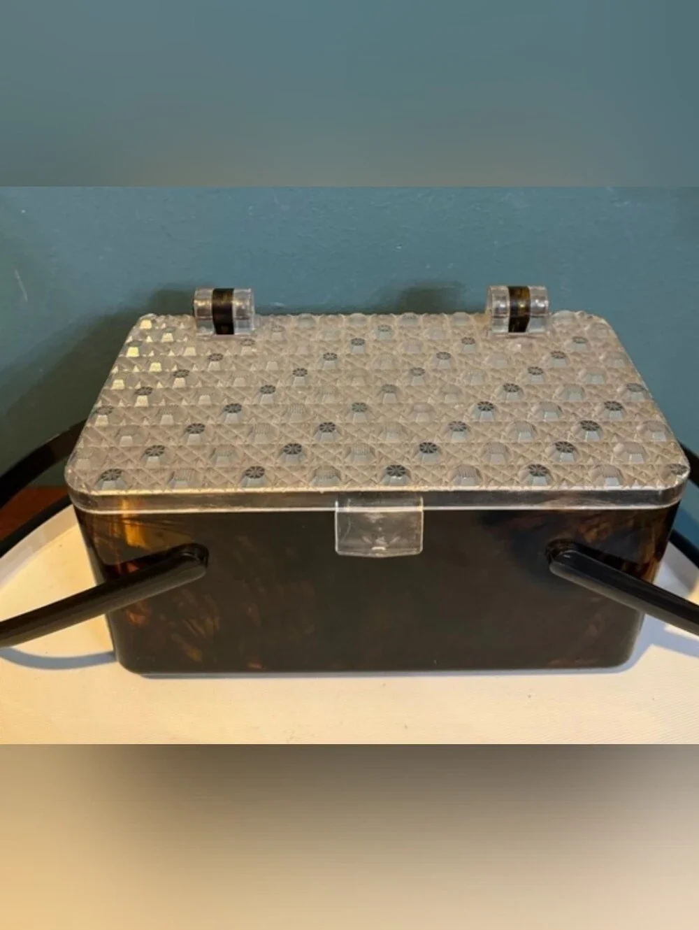 Vintage Lucite Merle Norman Tortoiseshell Box Purse with Clear Beaded Lid